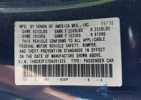 2013 Honda Accord Lx from USA, damaged, VIN 1HGCR2F37DA061525